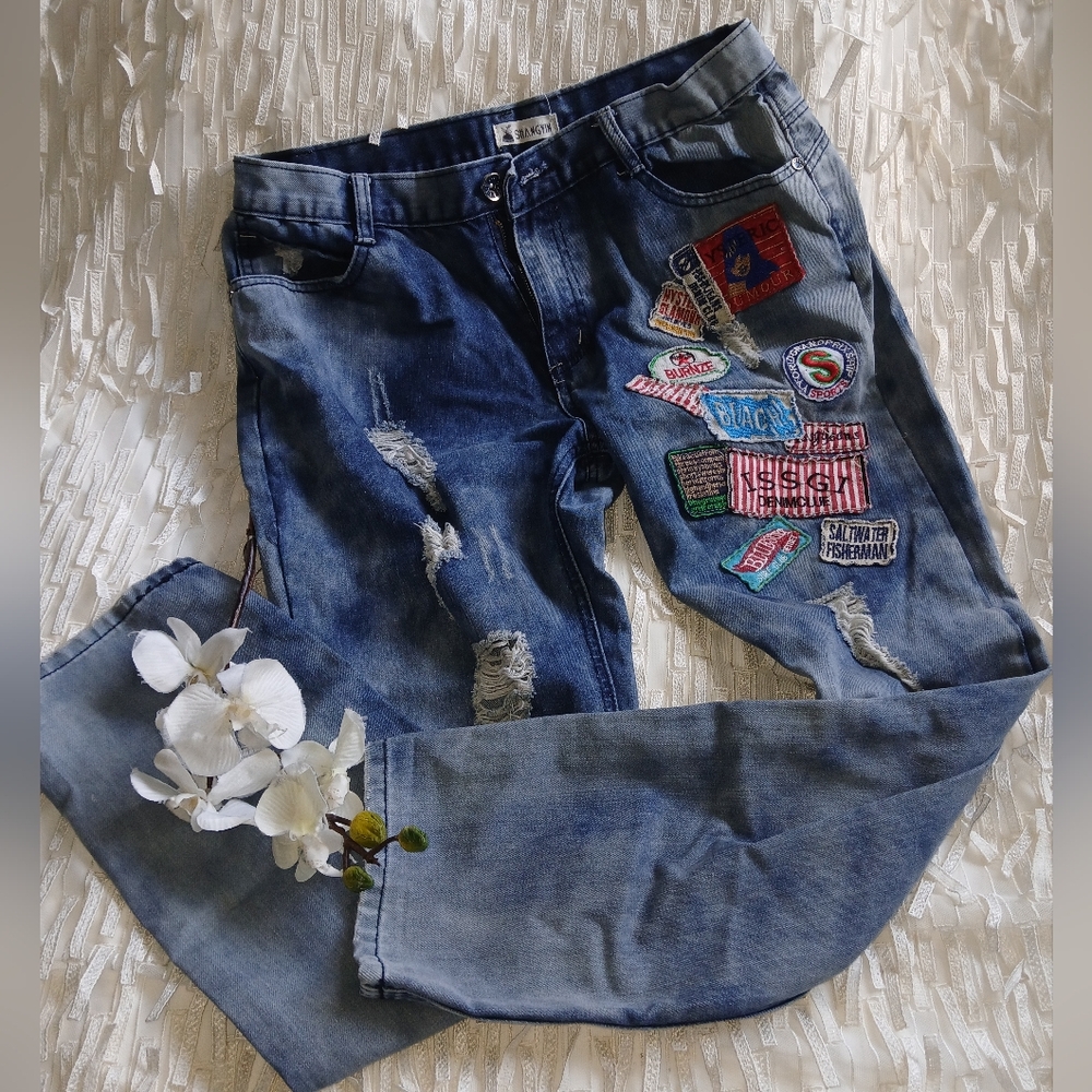 Men's Blue Patchwork Jeans